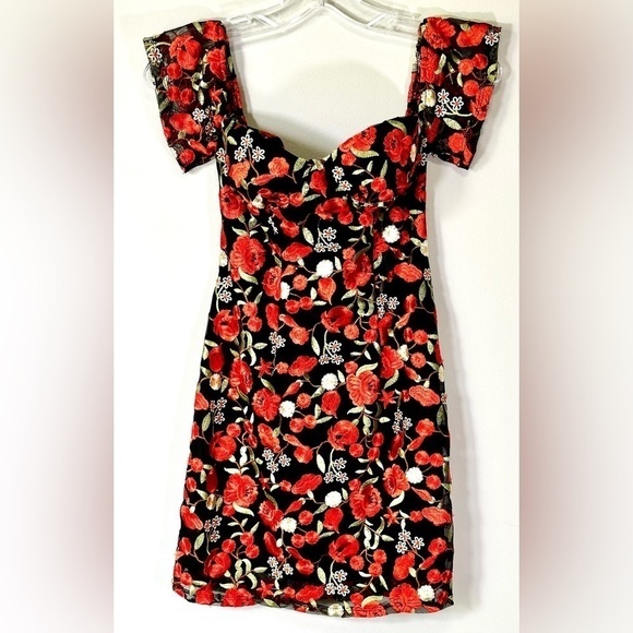Women’s Embroidered Floral Bardot Mini Dress - Picture 1 of 6